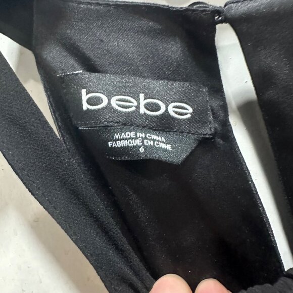 👗Size 4 Bebe Black Halter Dress Scalloped Evening twist front chiffon lined - Picture 3 of 7